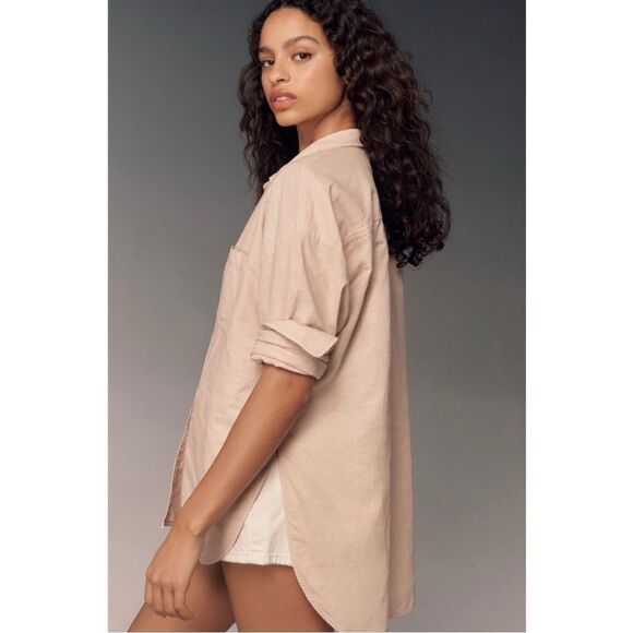 NEW Anthropologie Maeve Bennet Oversized Buttondown Taupe Linen Shirt X-Large - Picture 2 of 6
